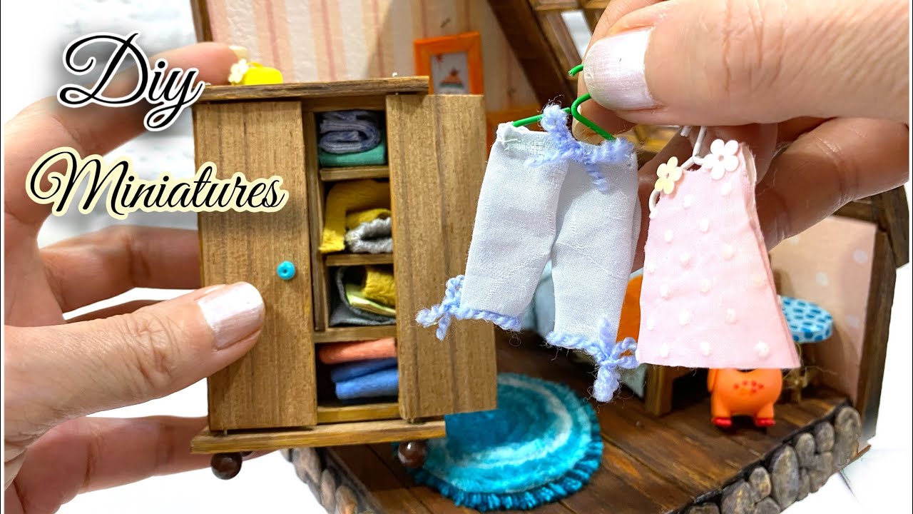 Handmade Miniature Wooden Wardrobe and Tiny Clothes / Diorama Room / Diy 