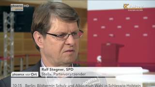 Korrespondent erhard scherfer im interview mit ralf stegner
(landesvorsitzender schleswig-holstein, spd) und katarina barley
(generalsekretärin, zum erg...