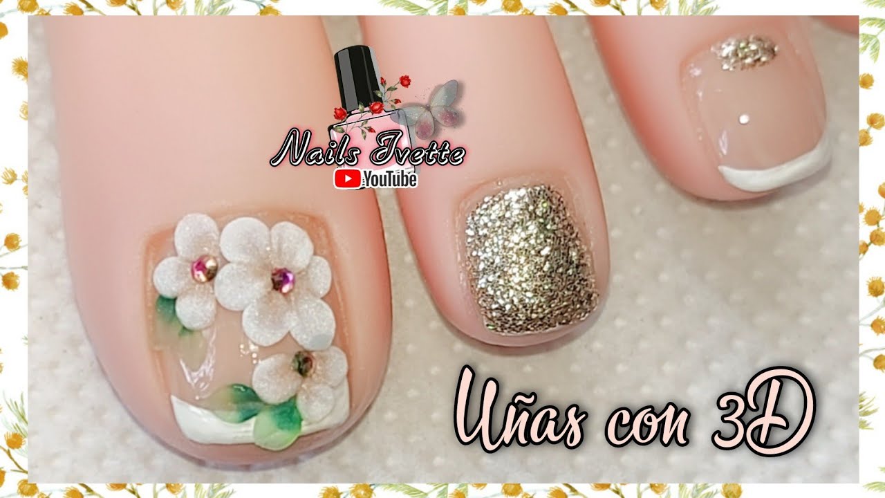 Decoración de uñas en 3D / Flores básicas 3d / Uñas bonitas con french / Idea para pedicure