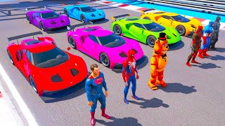 Siêu nhân Người nhện với Siêu xe Ô tô nhảy qua máy bay - GTA 5 Cars Stunts Jumps Over Miljet Planes