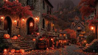 A Quiet Pumpkin Village Misted Autumn Night Inside | Halloween Dark Academia Piano & Rain Sounds