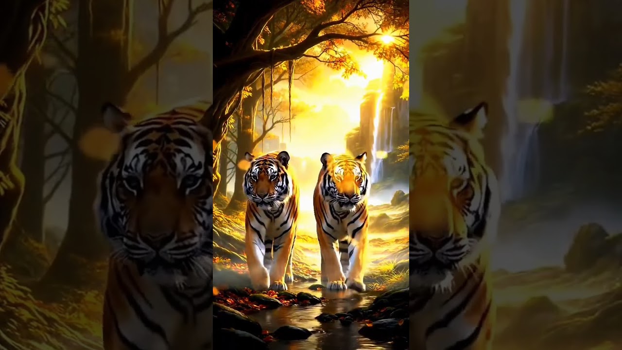 Two tigers are walking together. 