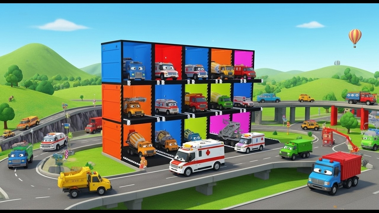Garage with Colors 🚙🚑 | COLORFUL MIXER TRUCKS, POLICE CARS & PICK UPS Loaded on DOUBLE TRAILER