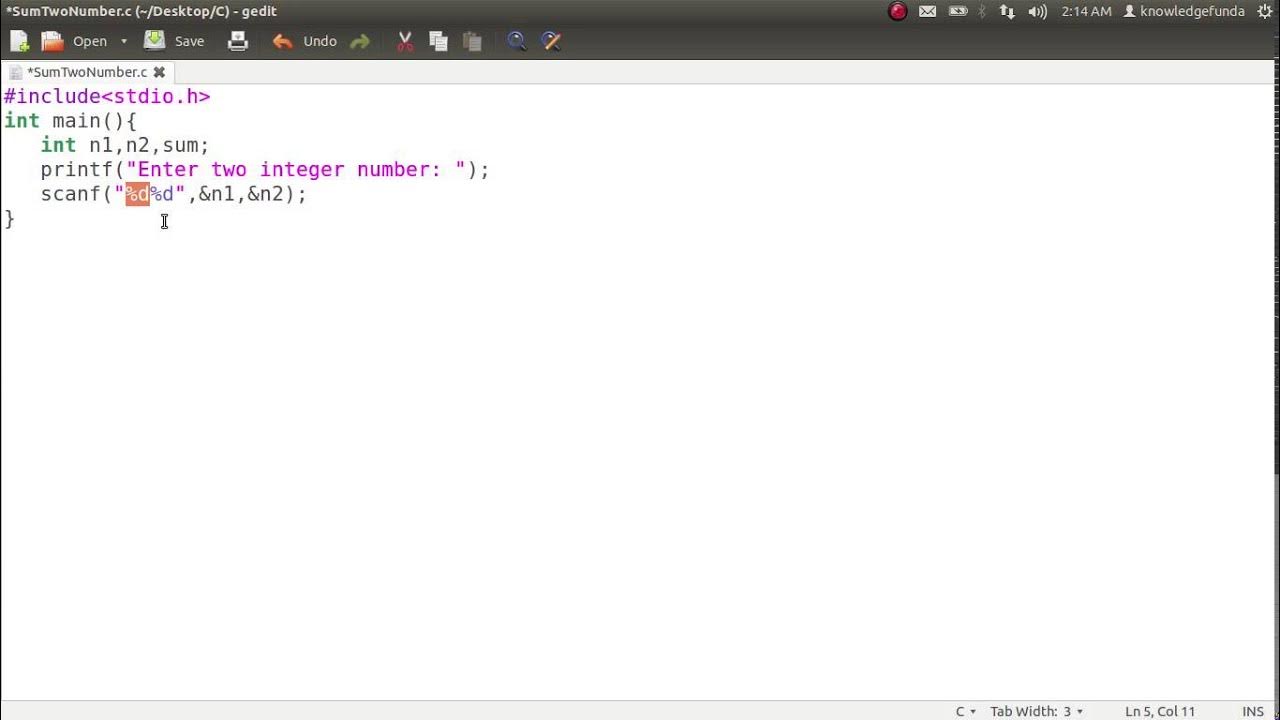 c program to add two number in ubuntu linux - YouTube