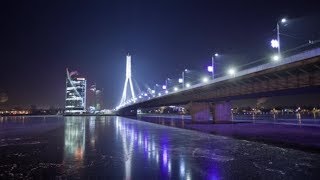 Night Riga City Winter With Lights, Bridge, Daugava River Stock Footage - Videohive