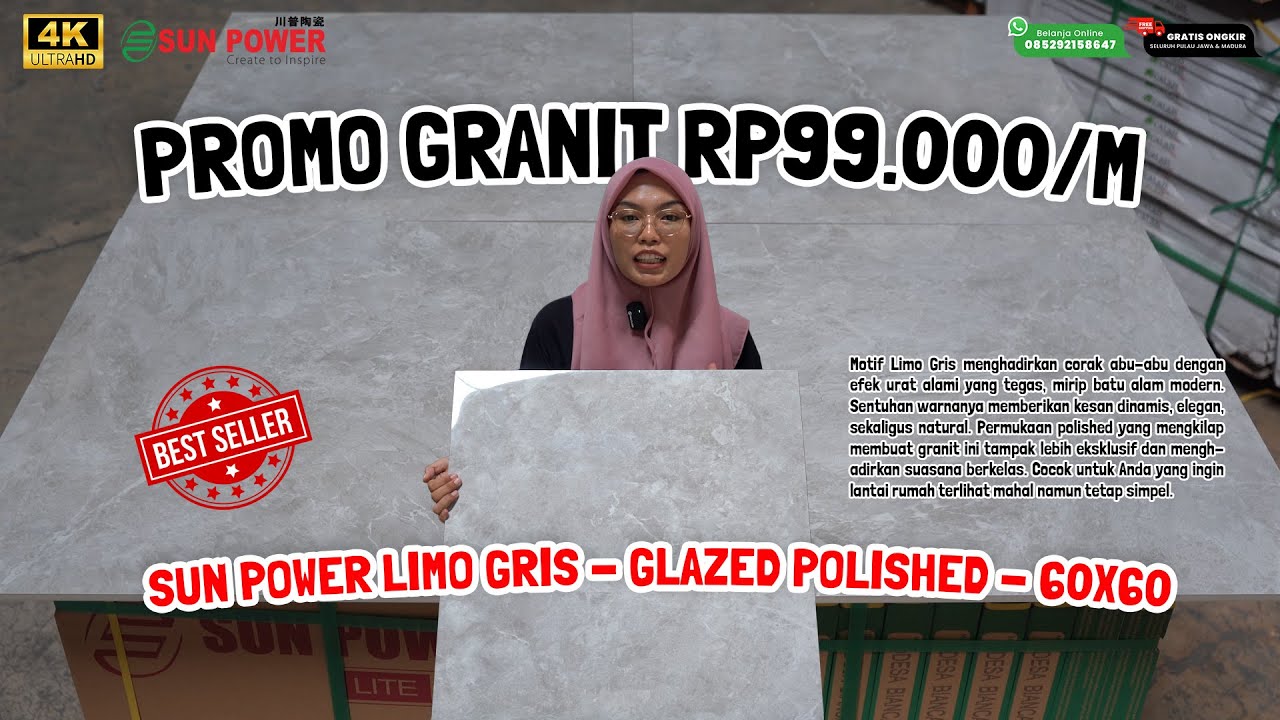 PROMO GRANIT SUN POWER 60X60❗TURUN HARGA - Rp99.000/M - LIMO GRIS GLAZED POLISHED KW 1, MARMER SOFT🔥
