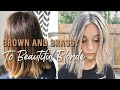 BROWN AND BRASSY TO A BEAUTIFUL BLONDE // Using babylights, highlights, and teasylights.