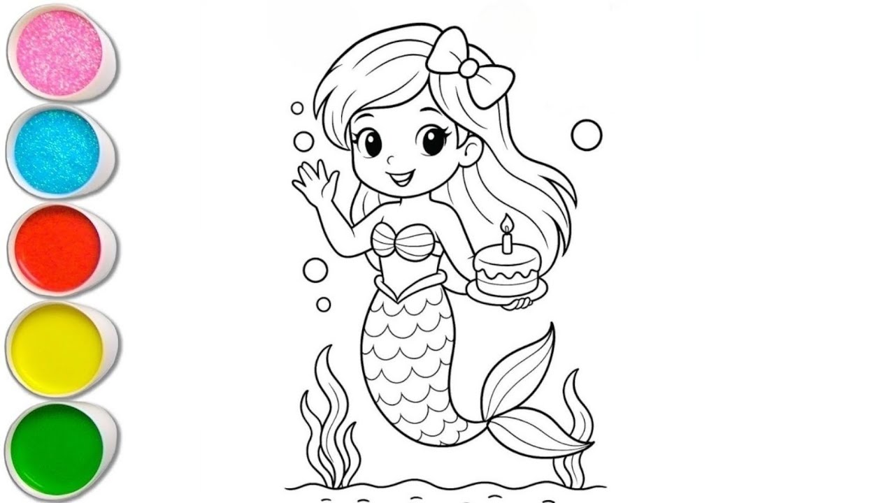 Милый рисунок русалки для детей, раскраска и рисование для детей | Давайте рисовать вместе