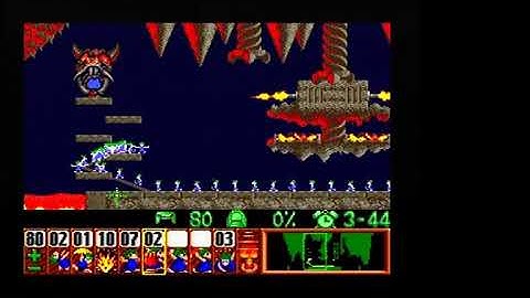 Lemmings SNES Mayhem 5 Down, along up. In that order 9521 points (95% (76/80) saved & 14 skills use)
