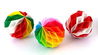 【折り紙・ペーパークラフト】折り紙ボールの作り方その2 〈縦縞模様〉直径約8.5cm 飾り物 手毬 くす玉 ハニカムボール