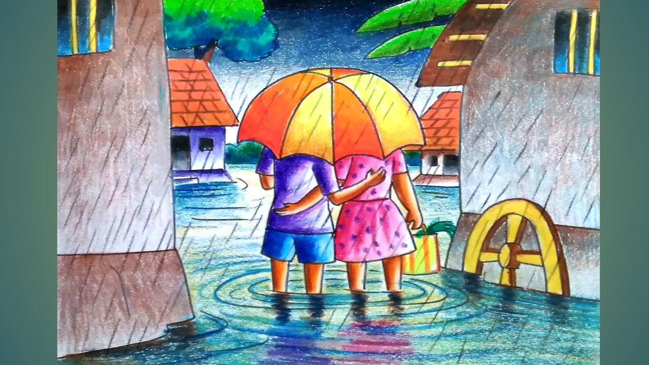 How to draw scenery of village rainy day step by step/Rainy day drawing ...