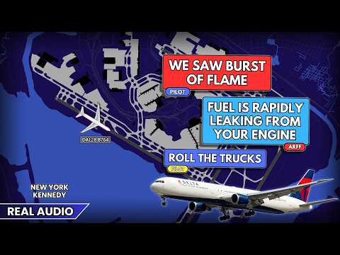 Fuel LEAK and Fire from the engine. Delta Boeing 767 rejects takeoff at JFK. Real ATC