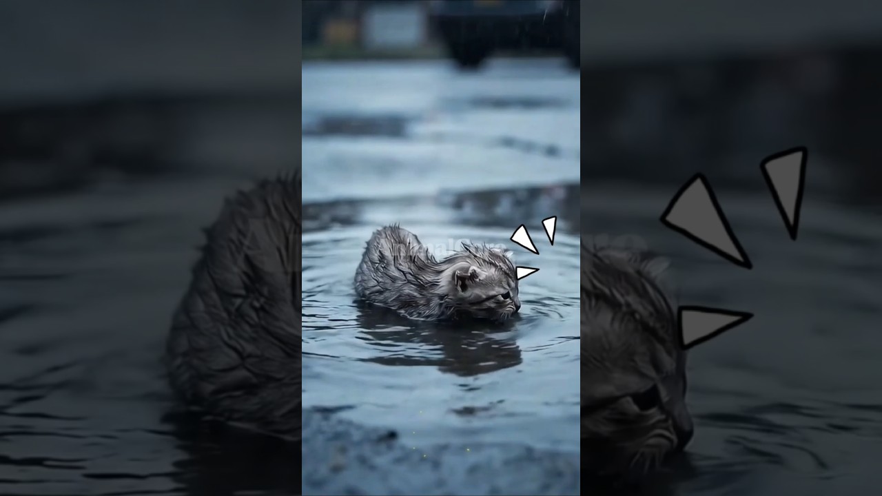 Kitten Trapped in a Rain-Filled Pothole