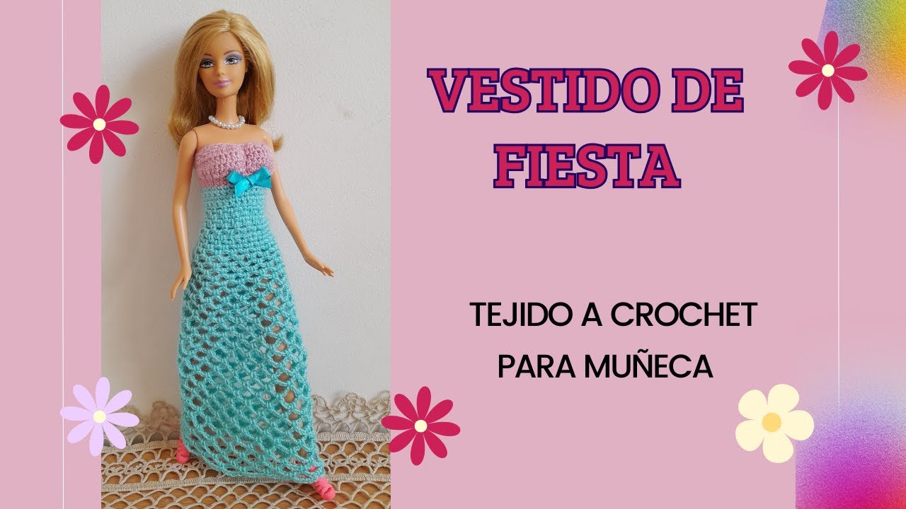 Vestido de Fiesta Rosa y Azul Tejido a Crochet para Muñeca.