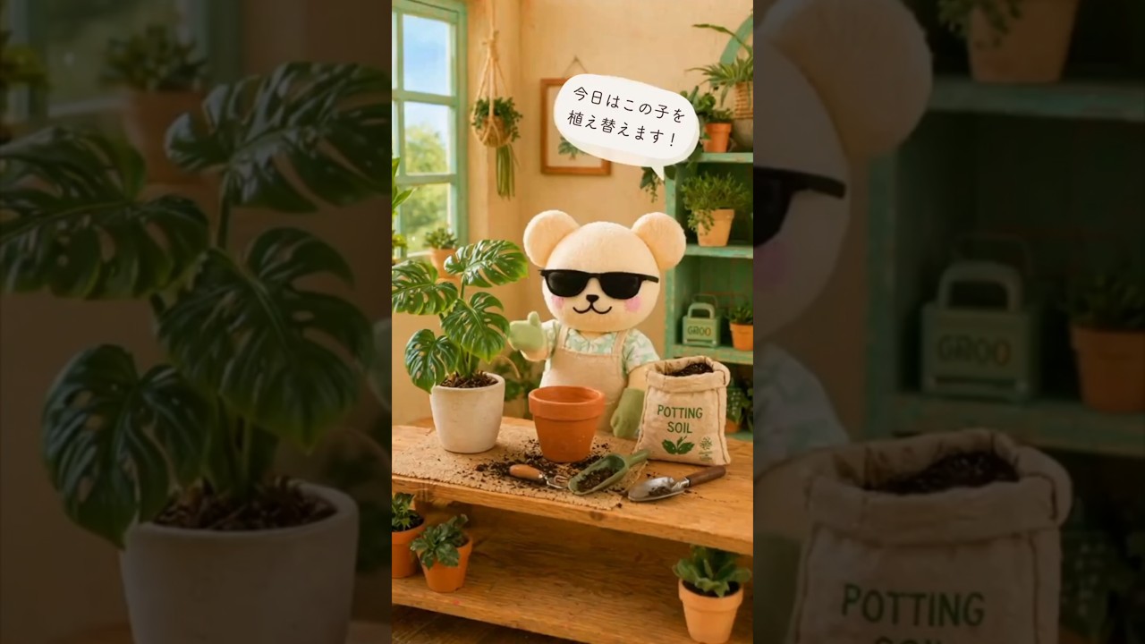 クマさん、モンステラを植え替える