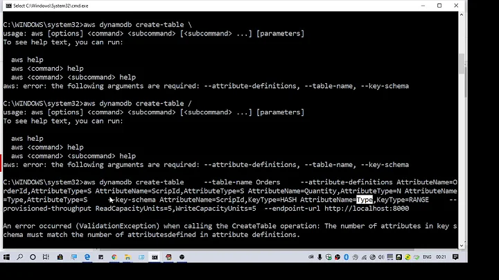 The number of attributes in key schema must match the number of attributesdefined in attribute defin