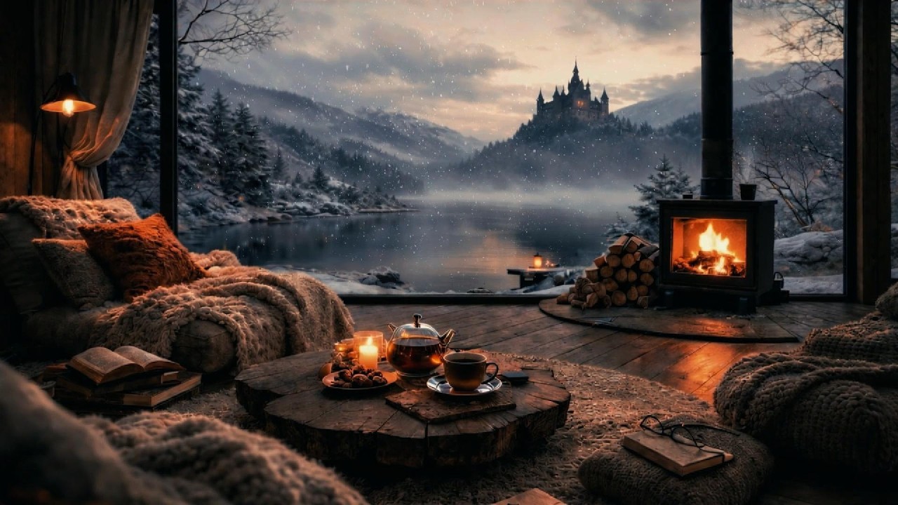 Cozy Winter Cabin by the Lake | Soft Piano, Fireplace & Wind Sounds ...