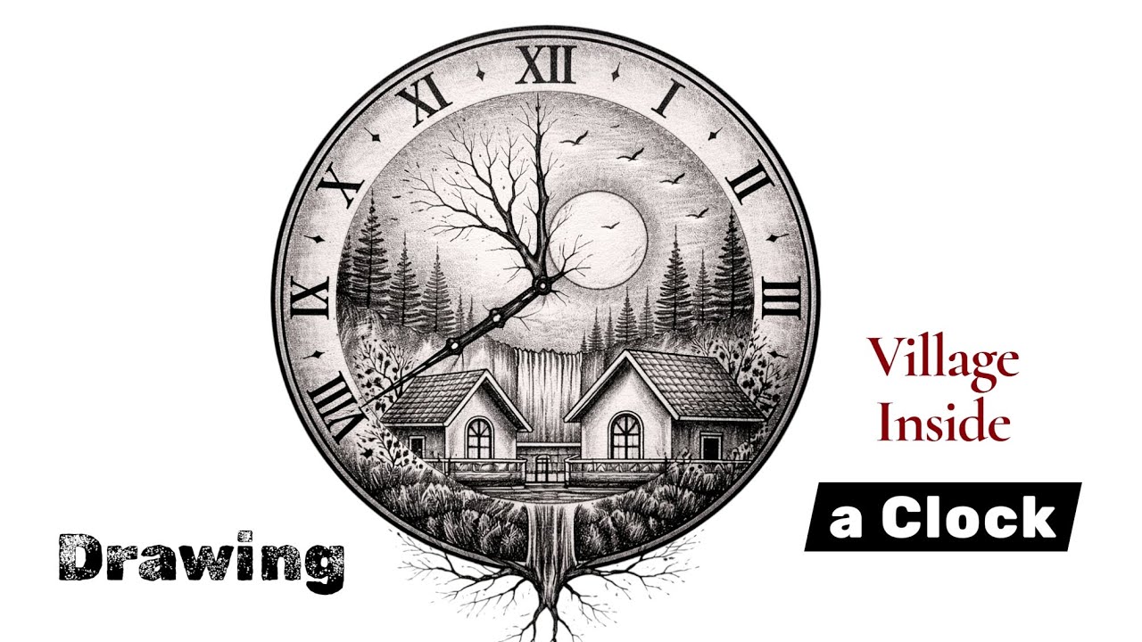 A Drawing of a Village Inside a Wall Clock