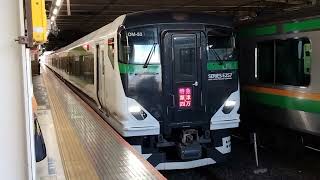E257系5500番台OM-53編成が特急草津・四万4号上野行きとして大宮駅6番線を発車するシーン(3004M)