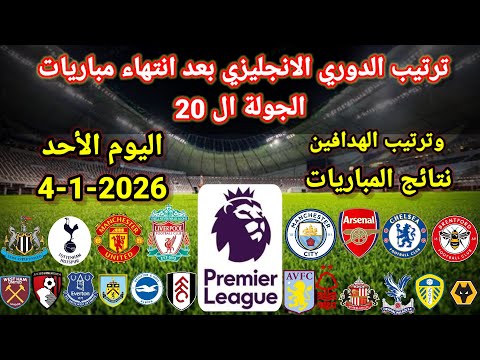 ترتيب الدوري الانجليزي بعد انتهاء مباريات الجولة ال 20 اليوم الأحد 4 1 2026 وترتيب الهدافين ونتائج
