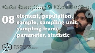 8 element, population, sample, sampling unit, sampling frame, parameter, statistic
