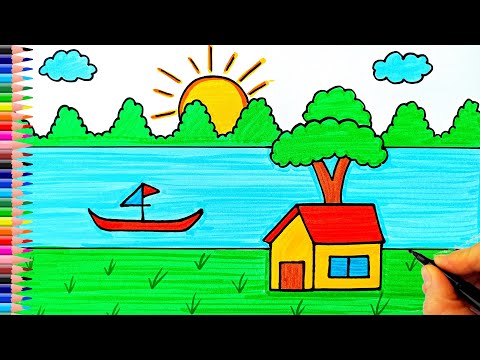 Kolay Manzara Resmi Çizimi 🏠 Doğa Resmi Çizimi - How To Draw Very Easy Landscape - Çocuklar için Çiz