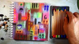 "Cat Sitting At Rainy Window" - Colorful Abstrract Painting In Soft Pastel Pencils | Rainy Vibes