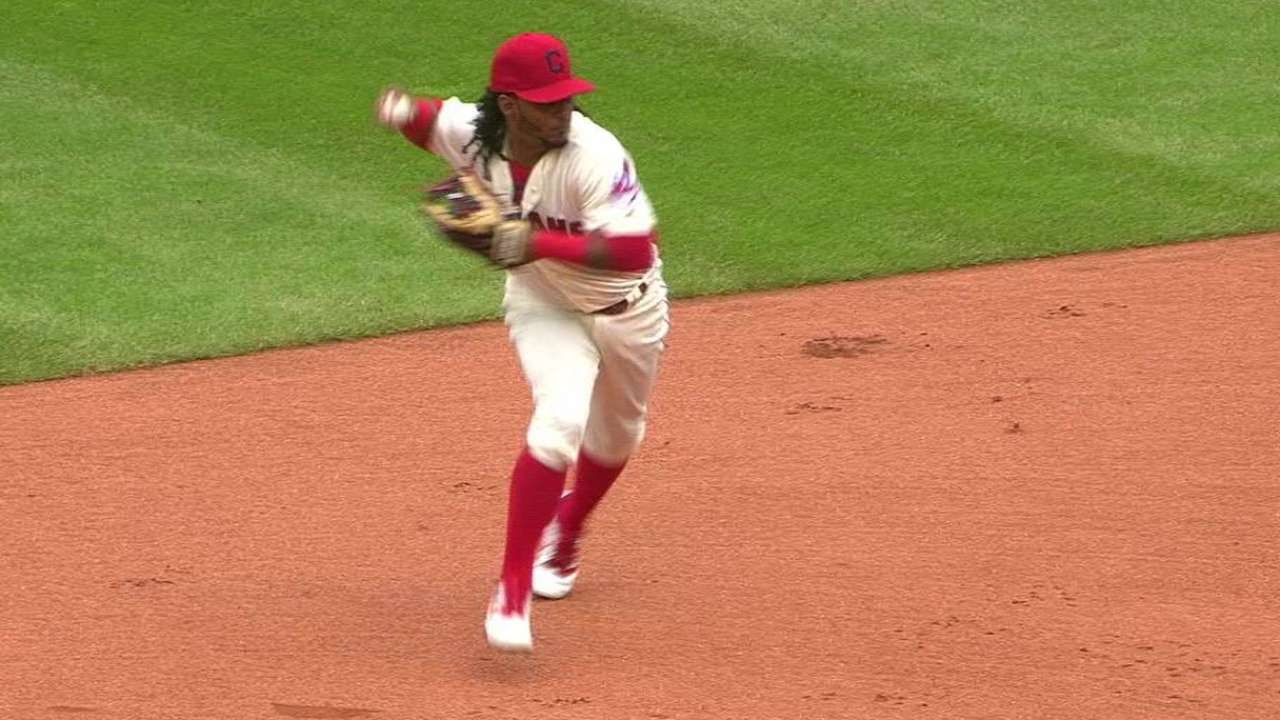 BOS@CLE: Martinez makes backhanded stop, strong throw