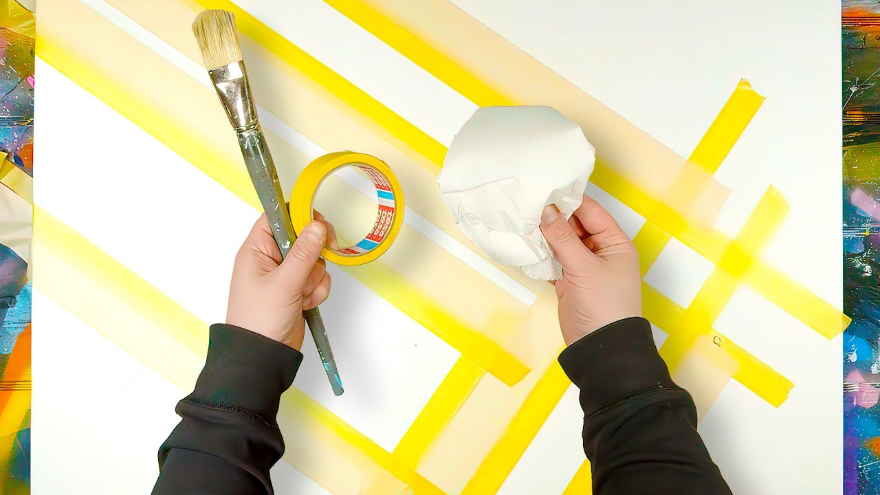 Very Simple Abstract Painting With Just A Piece Of Cloth, A Brush And Masking Tape | Seres