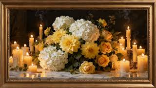 Classical Floral Still Life with Candles. Gold framed vintage wall art 4k Painting background for tv screenshot 4