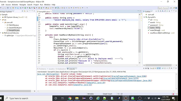 Fix - to java.sql.SQLException Invalid column index