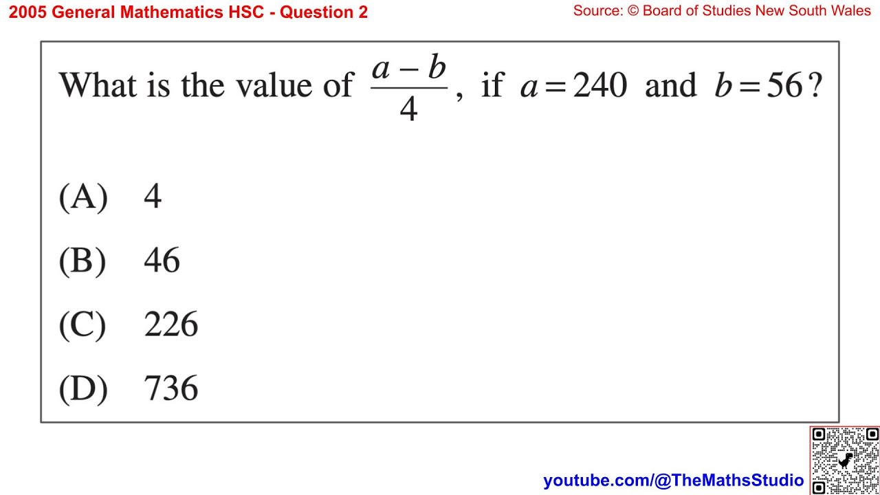2005 General Maths HSC Q2 How to evaluate an algebraic fraction ...