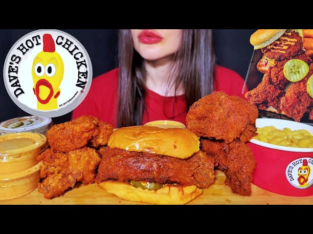 ASMR EATING DAVE'S HOT CHICKEN BURGER, MAC AND CHEESE | FAST FOOD MUKBANG