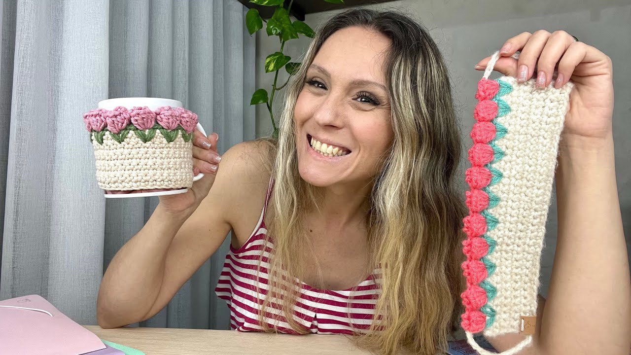 Capa de croche para caneca de tulipas / Crochet Mug Cozy/ Como fazer uma capa de croche para xicaras