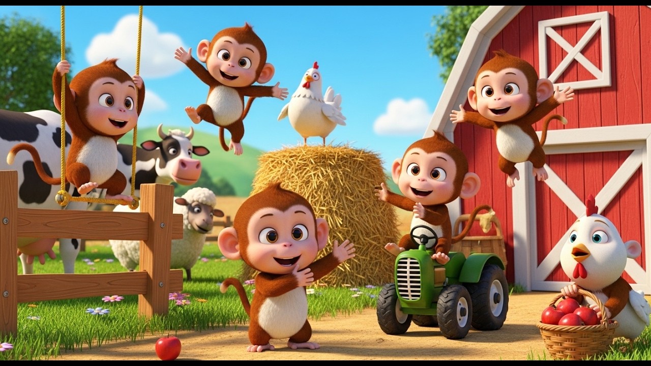 Five Little Monkeys on Macdonald Farm 🐒 | Funny Animal Song for Kids