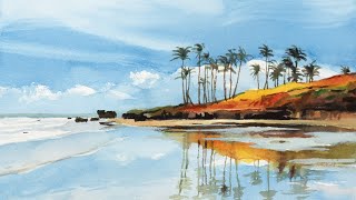 Watercolor Live - painting beach with palm trees