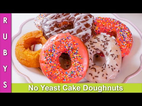 No Yeast Cake Doughnuts with Chocolate, White, & Pink Glaze Recipe in Urdu Hindi - RKK