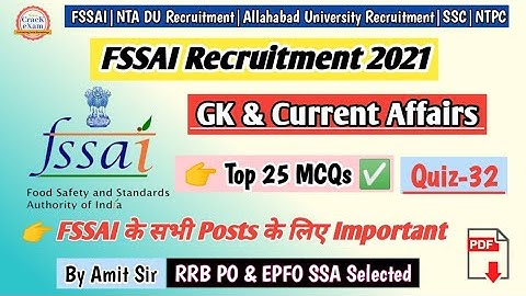 General Awareness | FSSAI Recruitment 2021 | Quiz-32 | FSSAI Assistant Previous Year Questions