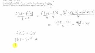 Verify that f(x)=x^3+2x+1 [0,6] satisfies the conditions of the Mean Value Theorem, and find c