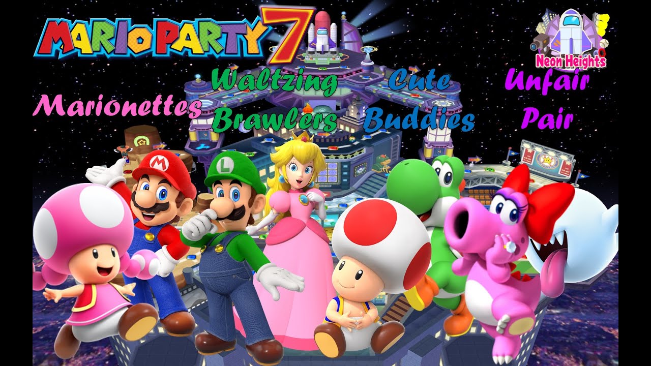 Mario Party 7 - Toadette & Mario vs Luigi & Peach vs Toad & Yoshi vs Birdo & Boo - Neon Heights