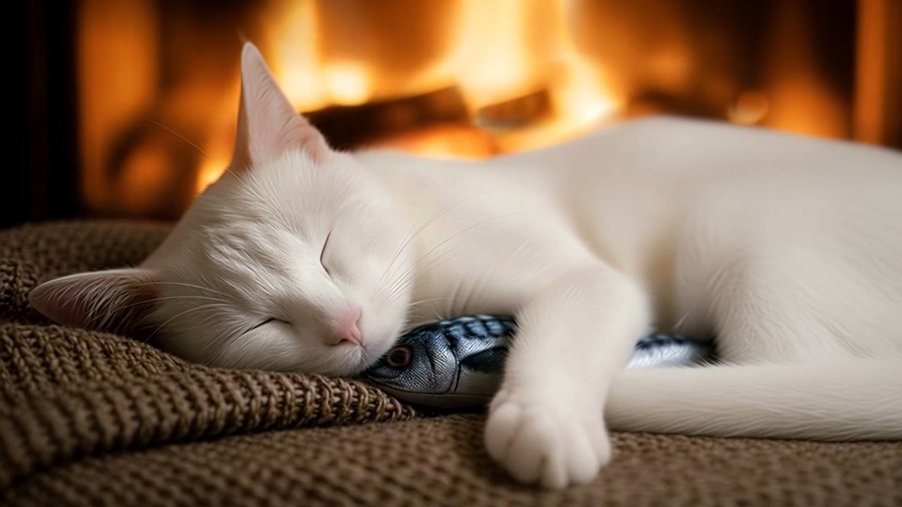 Warm Fireplace Night & Cat Asleep with Her Beloved Toy 9H 4K [Deep Sleep · Relax ·Purring]