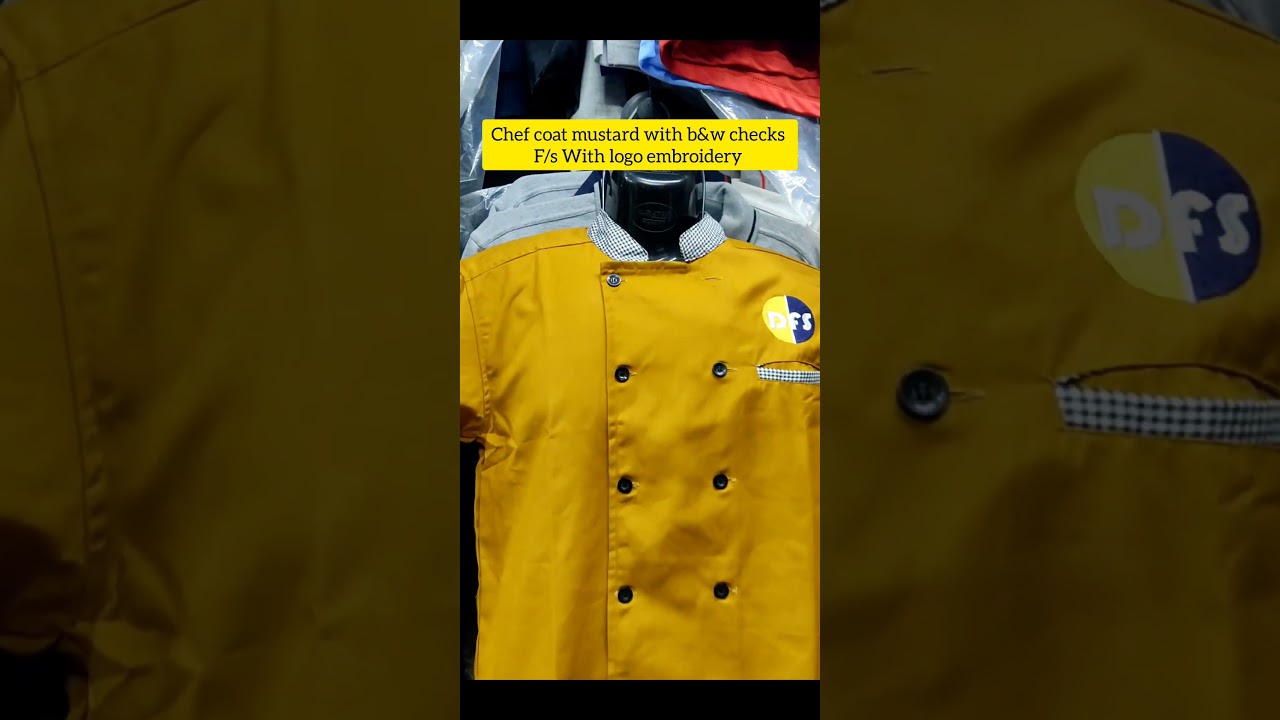 "Threaded Taste: Mustard & B&W Checks Chef Coat - Where Style Meets Culinary Expertise!"