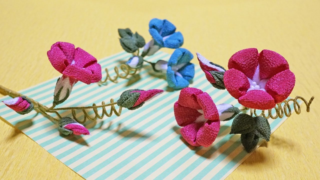 つまみ細工 どこから見ても朝顔part1 蕾 葉 ツルを作る アサガオの作り方 Kanzashi Flower Vol 28 Youtube