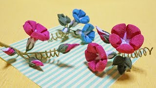 つまみ細工/どこから見ても朝顔part1/蕾・葉・ツルを作る/アサガオの作り方/kanzashi flower/vol.28