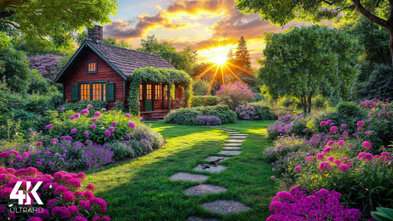 4K Cozy Spring Cottage Sunset | Nature Ambience for Deep Sleep & Insomnia Relief | Nature Ambience