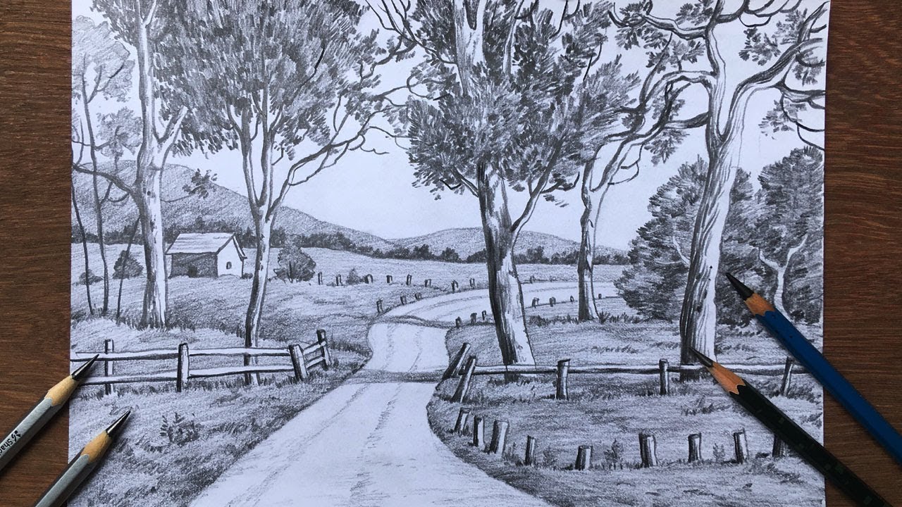 Landscape drawing in pencil | pencil sketch | draw and shade a scenery ...