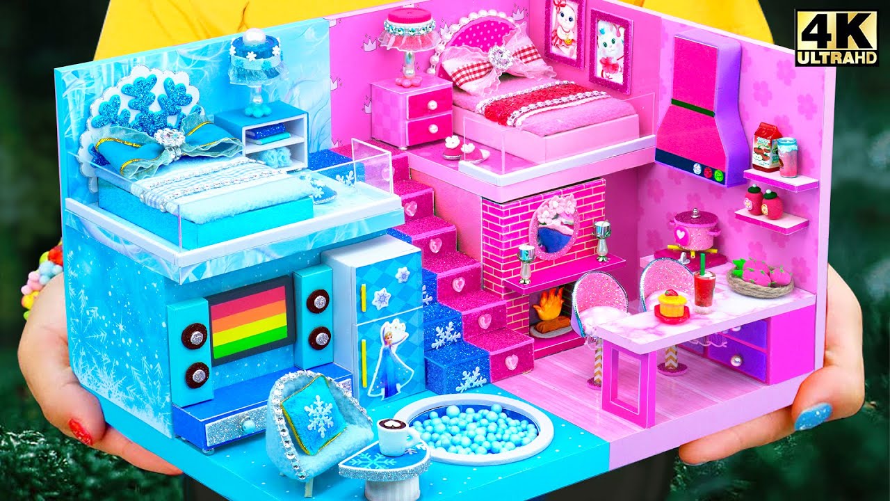 Build Hot and Cold House with Pink Princess and Blue Frozen Two Bedroom ❤️ DIY Miniature House