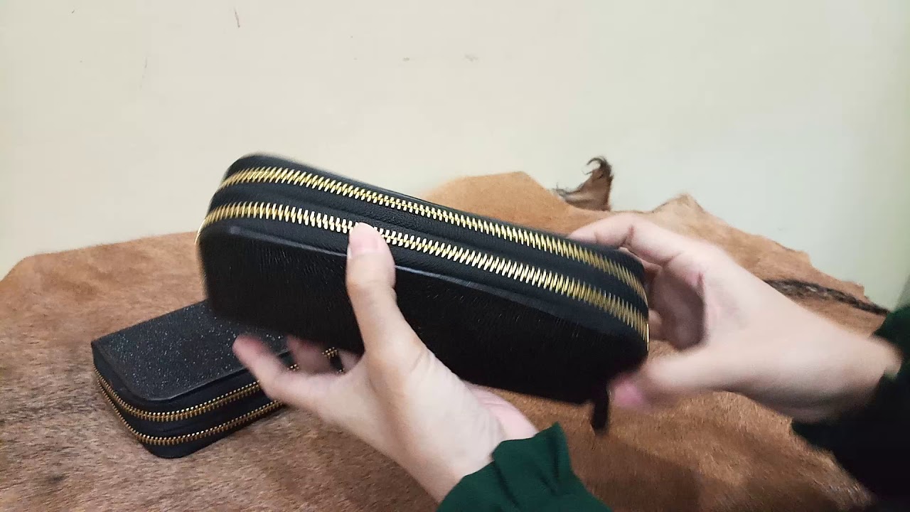 Dompet Wanita  Kulit  Pari Double Zipper HITAM  tetes embun 