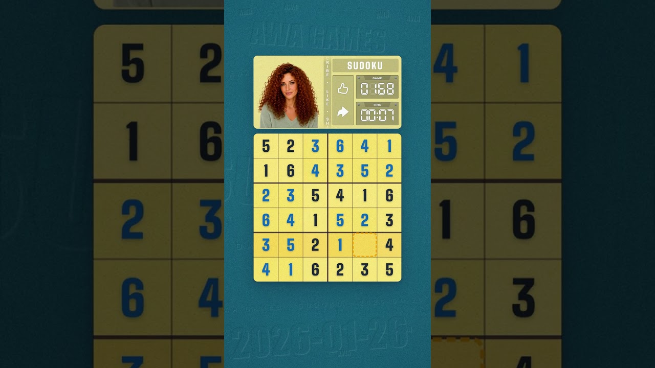 LinkedIn Mini Sudoku #168 solved board for January 26, 2026, 6x6 grid