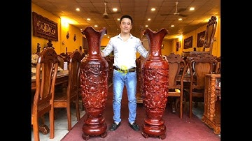 Gỗ Xà Cừ- Cặp Lục Bình Cao 1m4 Chạm Rồng Đục Nổi Đẹp